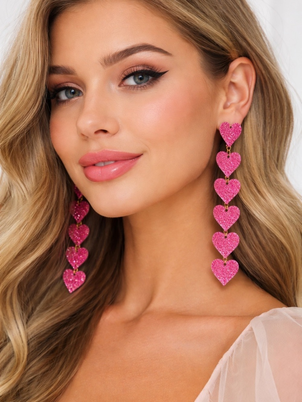 Sparkling Pink Heart Link Drop Earrings